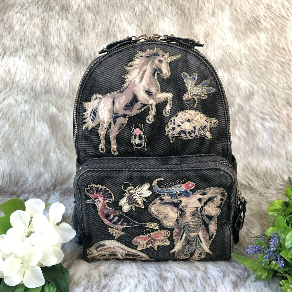 Valentino Garavani Black Canvas Embroidered Fantastic Animal Backpack